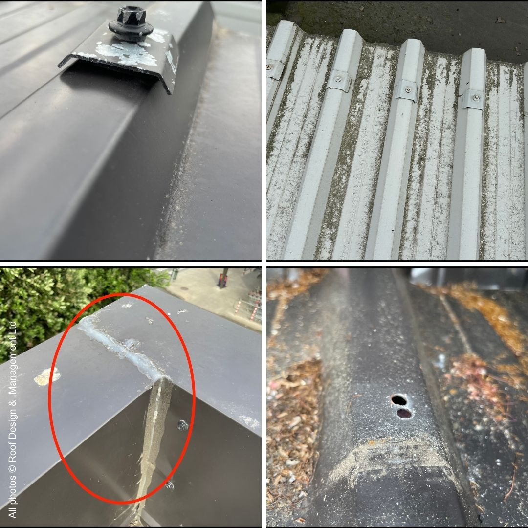 Four examples of potential issues that could affect a roof's integrity: overtightened fixings, a reliance on exposed sealant, organic growth, missing fixings. All images (c) Roof Design and Management