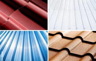 A montage of four different roof colours: red metal sheets, long run white metal sheets, long run blue metal sheets, and gold-coloured concrete tiles. (c) Adobe Stock